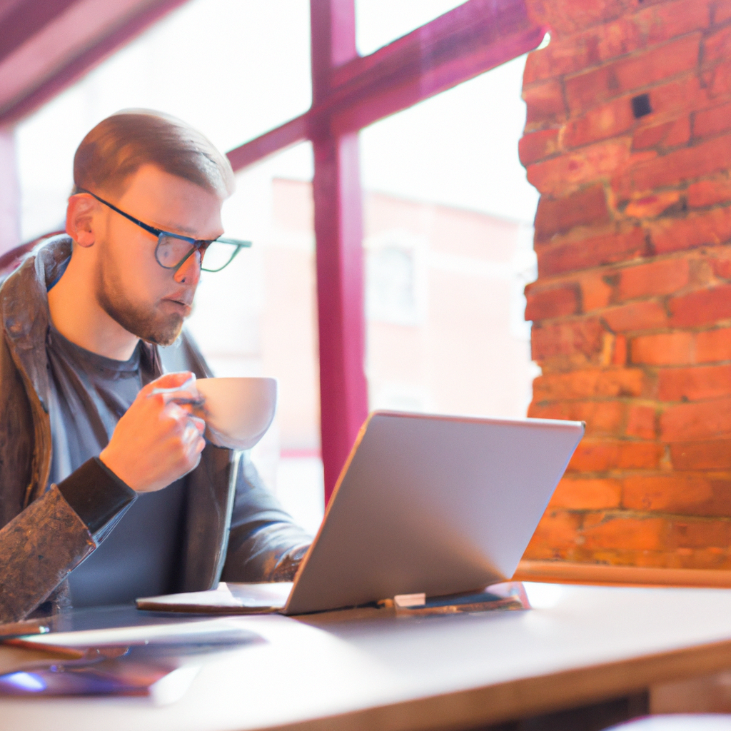 Young man using laptop in coffee shop